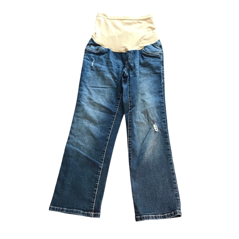 Indigo Blue Maternity Straight Leg Jeans Full Belly Panel Distressed Blue 27x24